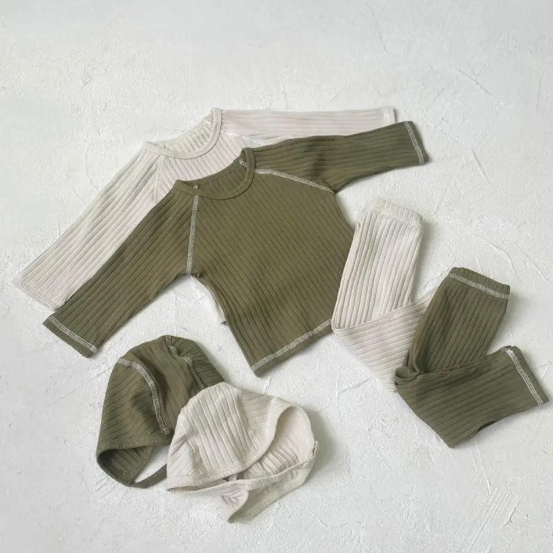 2026 Spring New Baby Long Sleeve Home Clothes Set Girls Cotton Ribbed Tops + Leggings + Hat 3pcs Suit Infant Boy Pajamas Outfits