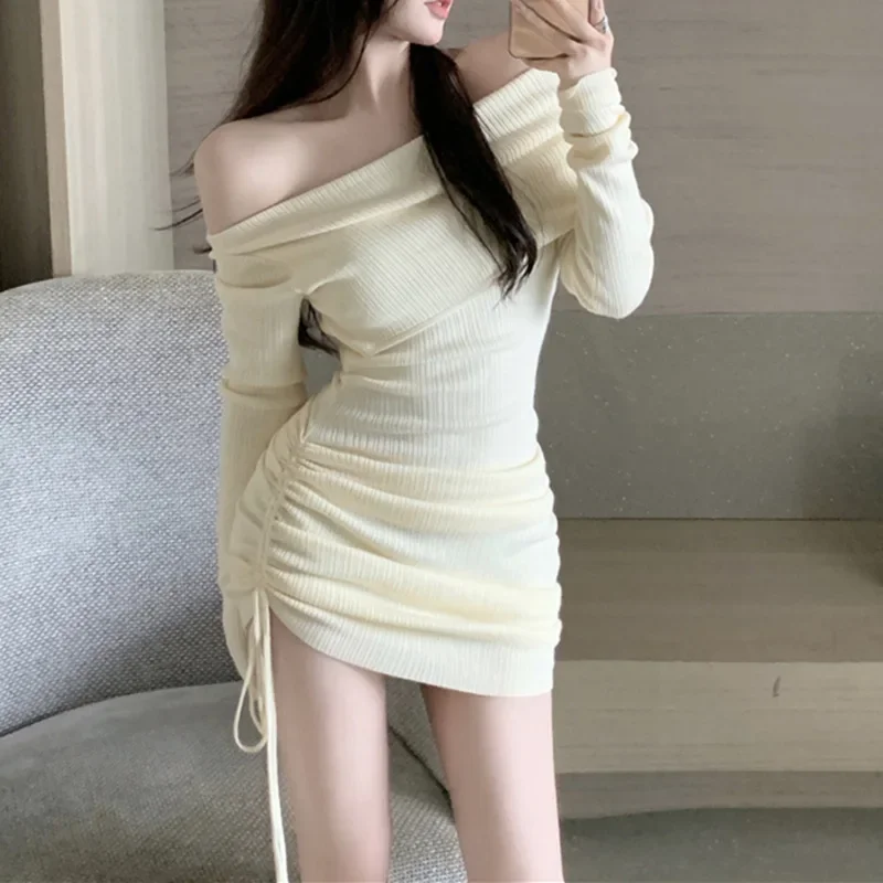 Knit Dress Women's Spring Autumn New Slimming Smooth Out Your Silhouette Spicy Girl Drawstring Ruched Off-Shoulder Fitted Mini D