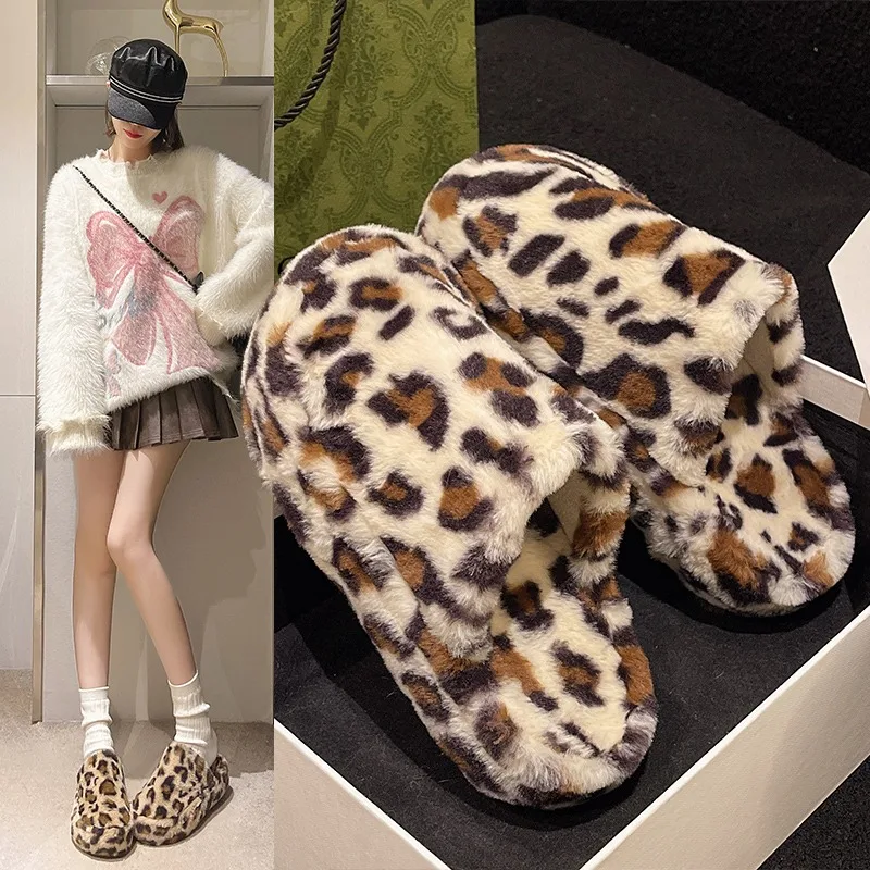 

2025 новые простые и модные зимние леопардовые плюшевые тапочки высокого качества, женские теплые уличные толстые женские туфли на плоской подошве