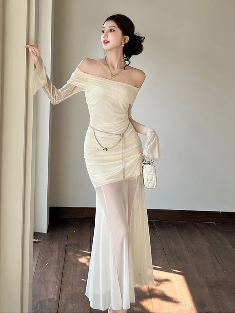 Femmes vêtements de soirée maille pure Sexy épaules dénudées maigre Maxi longue Robe en queue de poisson élégante dame mode fête bal robes Robe