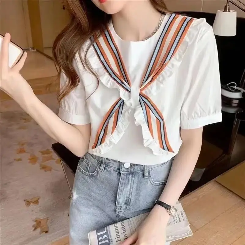 Top For Woman White Clothing Kawaii Women's Shirts And Blouses With Bow Short Sleeve Cute Frill Ruffle Offer Youthful Emo Tall