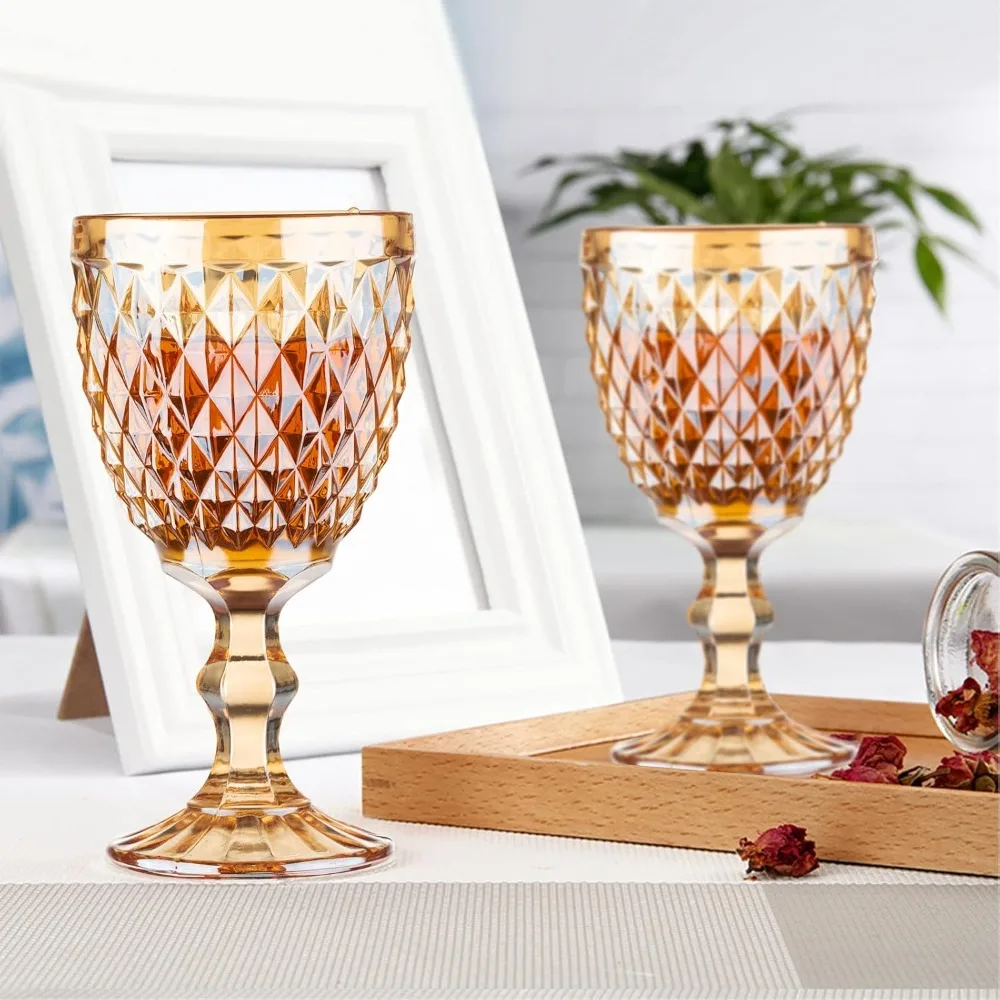 

24 Pcs Vintage Wine Glasses, 10oz Colored Glass Goblets with Embossed Pattern for Wedding Party Bar