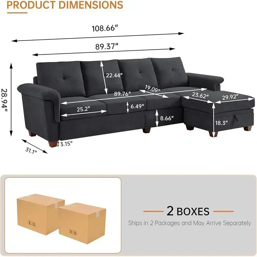 108 L-Shaped Sectional Sofa with Ottoman, 4-Seat Couch, Storage, Cup Holders, Grey