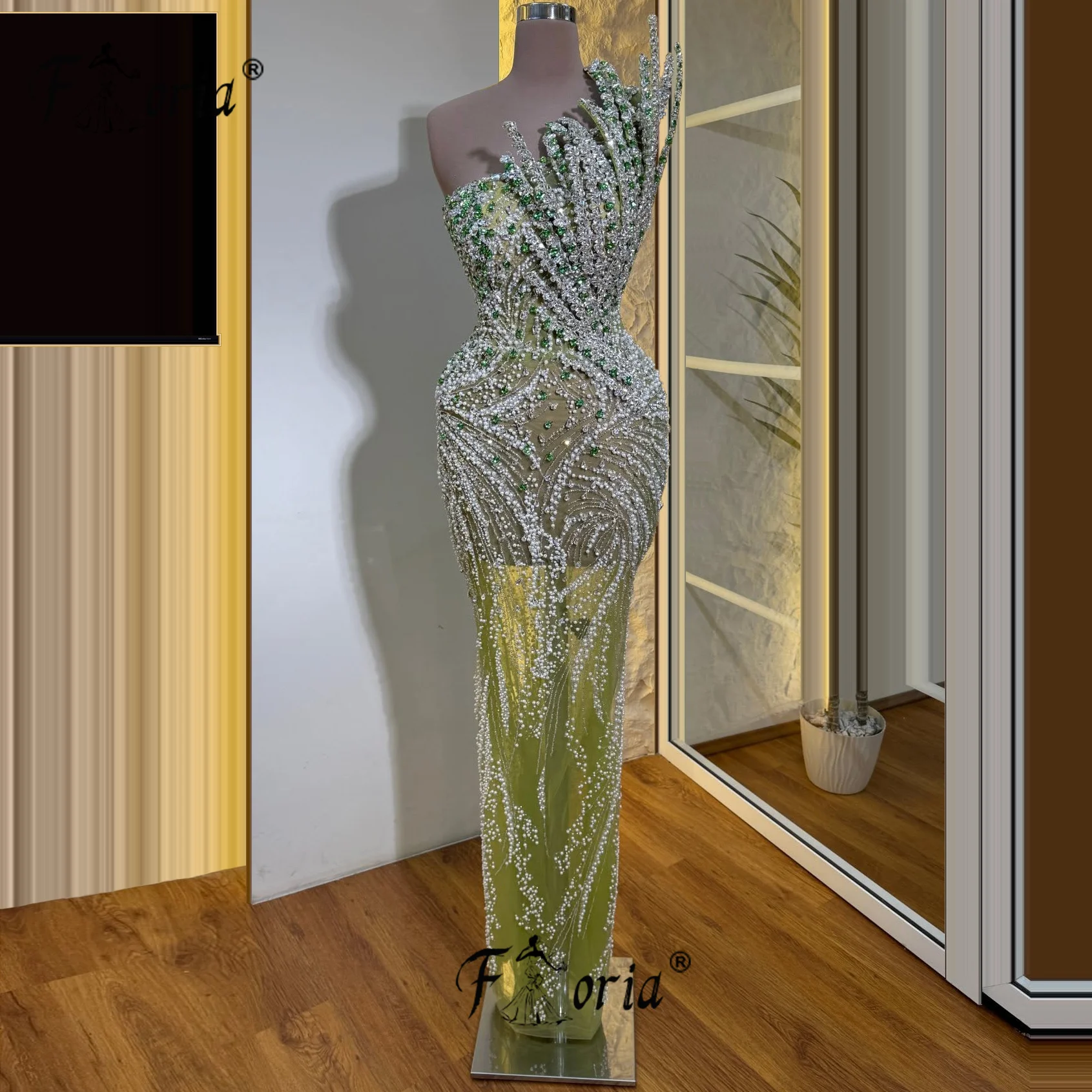 그린 머메이드 이브닝 드레스 비즈 크리스탈 3D 아플리케 프롬 드레스 블랙 걸스 포멀 파티 가운 맞춤 제작 2025 로브 소와레