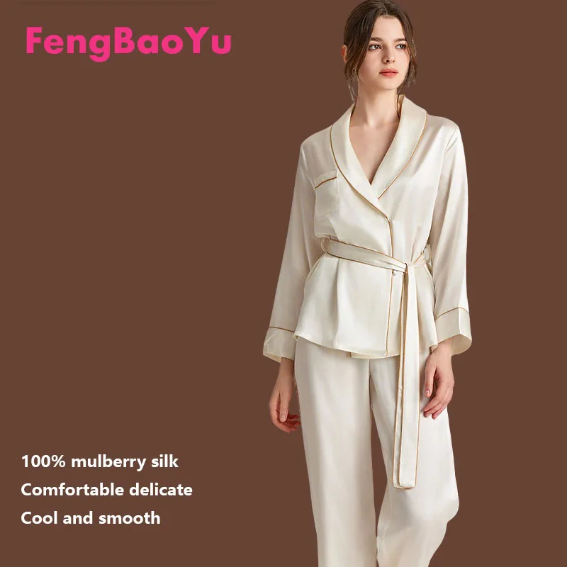 

Комплект Fengbaoyu из 100% натурального шелка для женщин: рубашка с длинным рукавом и брюки, 2 предмета, роскошная домашняя одежда для отдыха и сна, комфортная, свободного кроя
