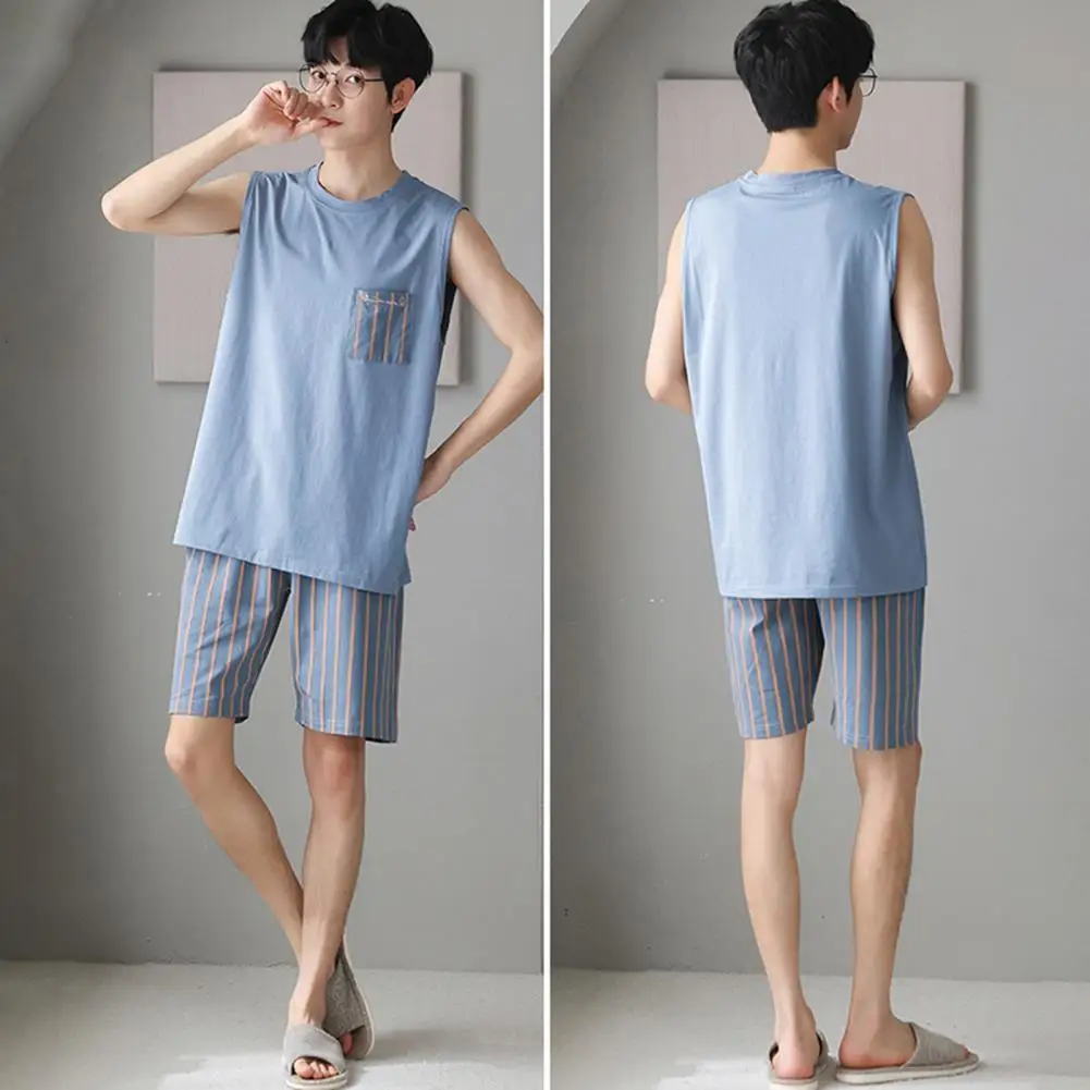 Soft Pajama Set Men's Sleeveless Pajama Set with Round Neck Loose Fit Soft Breathable Fabric Two-piece Sleepwear for Comfort