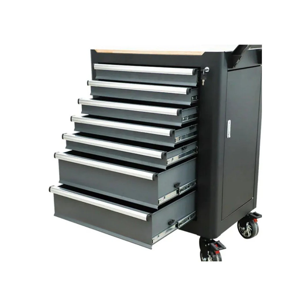 7-Drawer Tool Trolley Tool Cabinet With Wooden Countertop And Side Door
