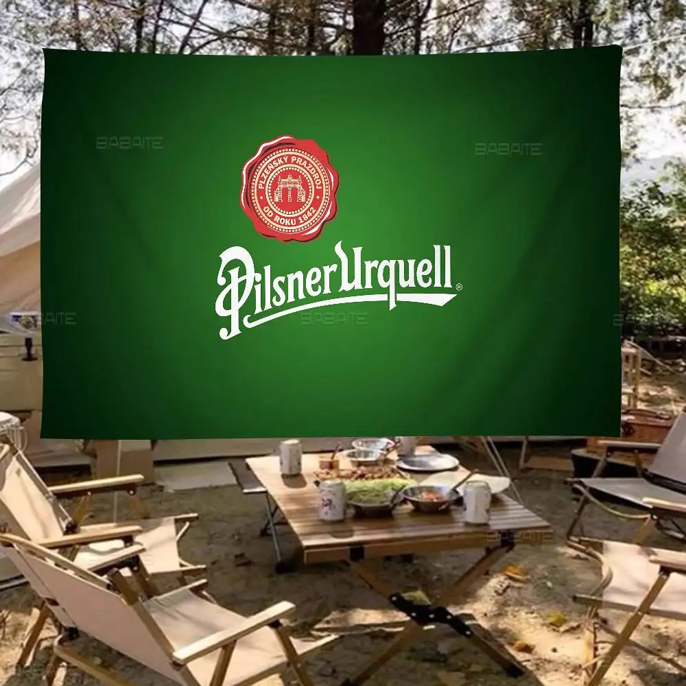 P-Pilsner U-Urquell cerveja logotipo high end qualidade banner impressão atmosfera artística estilo bandeira de acampamento