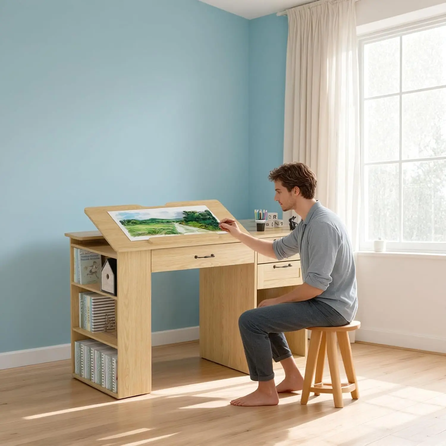 Drafting Table with Storage Cabinet & Drawers, Adjustable Drawing Desk with Open Shelves, Craft Table Painting Desk, Customized - view 6