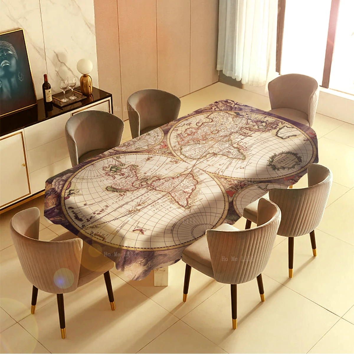 Compass Retro Map Of The World Old History Vintage Beige Fabric Rectangle Tablecloth By Ho Me Lili For Tabletop Decor