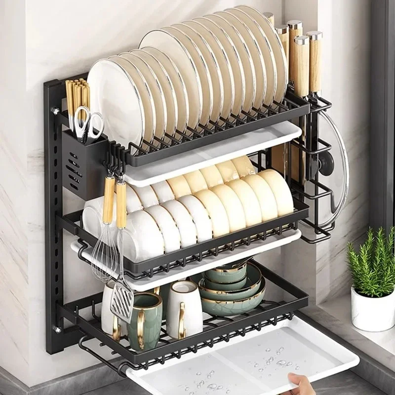 

2/3 Layer Kitchen Dish Rack Wall Mounted Multifunctional Storage Rack Wall Modern Cupboard No Drilling No Damage Wall