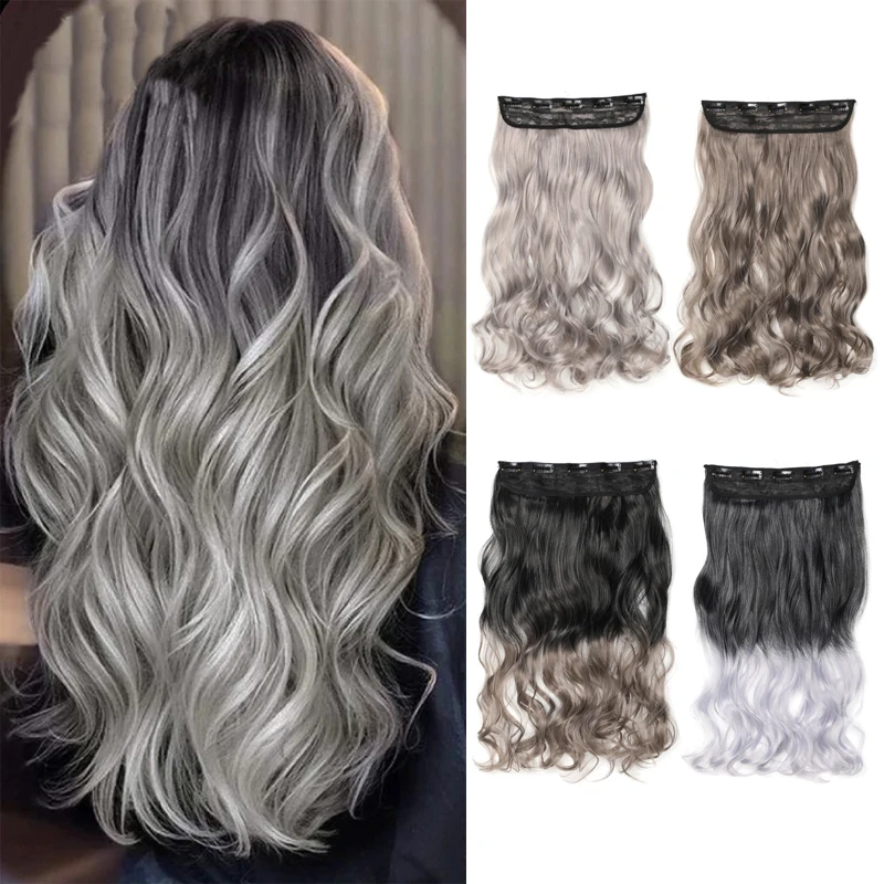 20Inch Synthetic  Clip in Hair Extensions For Women One Piece Wavy Natural Black Gray Ombre Color Cosplay Hairpiece