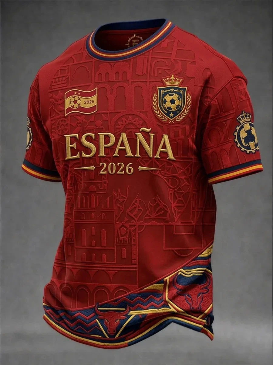 Spain ESPANA 2026 Jersey Men Red Blue Gold Bull Graphic Soccer Shirt Vintage Style Short Sleeve Fan Sportswear Casual Top Gift