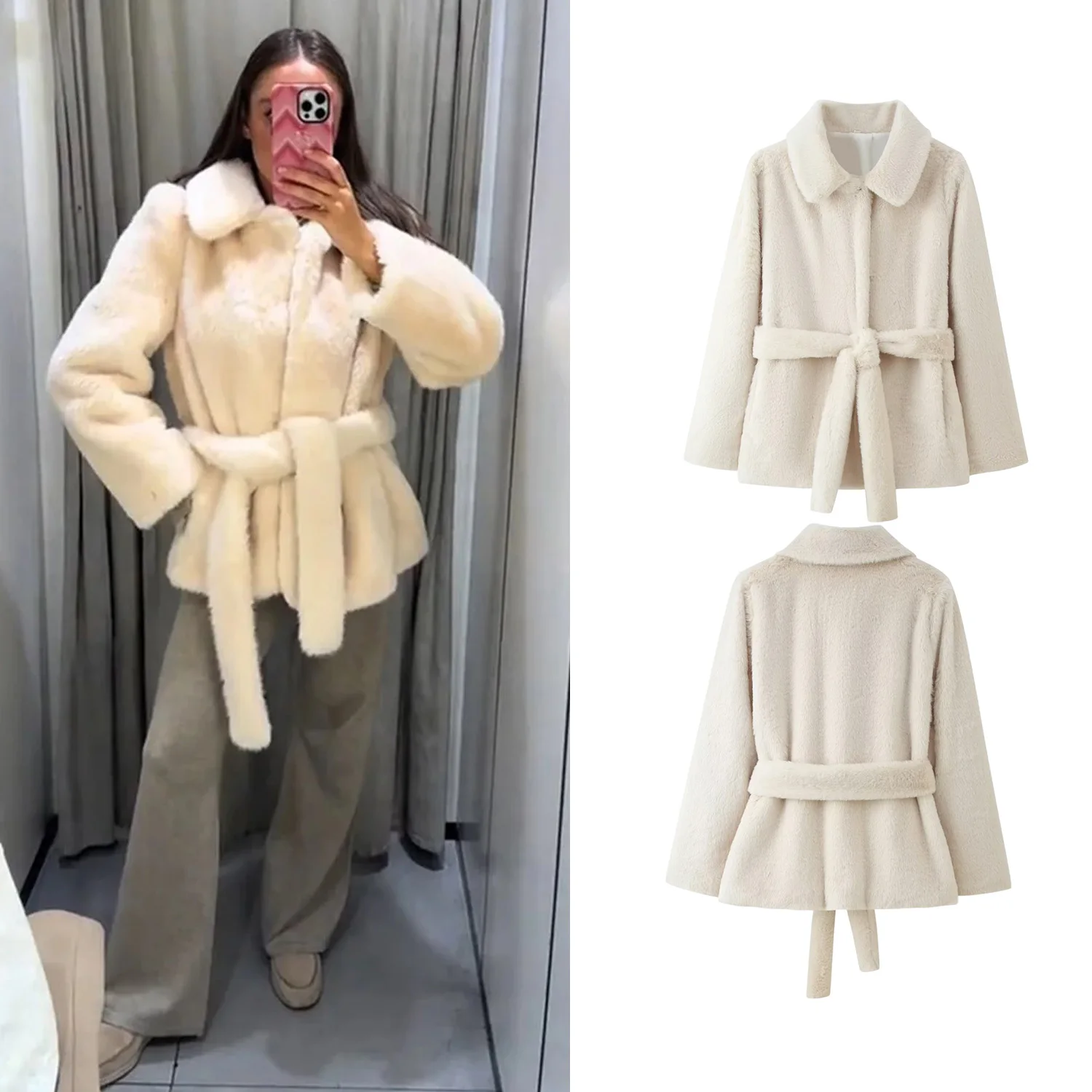 

Осень-зима, женская куртка из искусственного меха, свободная куртка с лацканами и длинными рукавами с поясом, пушистое утепленное пальто, женская шикарная теплая повседневная верхняя одежда