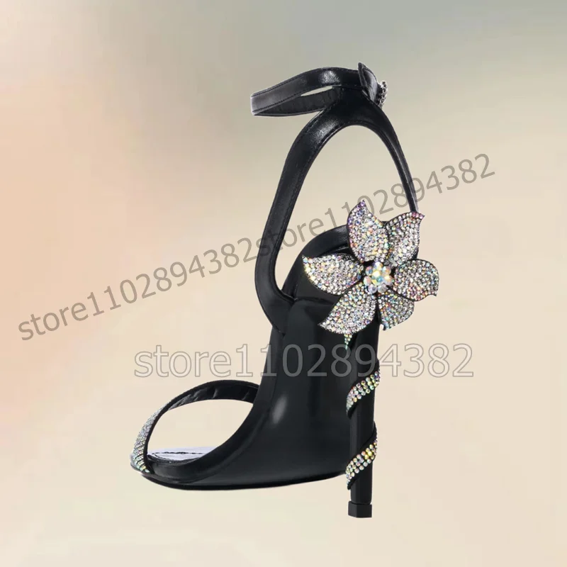 Crystal Flower Decor Black Open Toe Strappy Sandals Ankle Buckle Strap Women Shoes Thin High Heels Sexy 2023 Zapatos Para Mujere