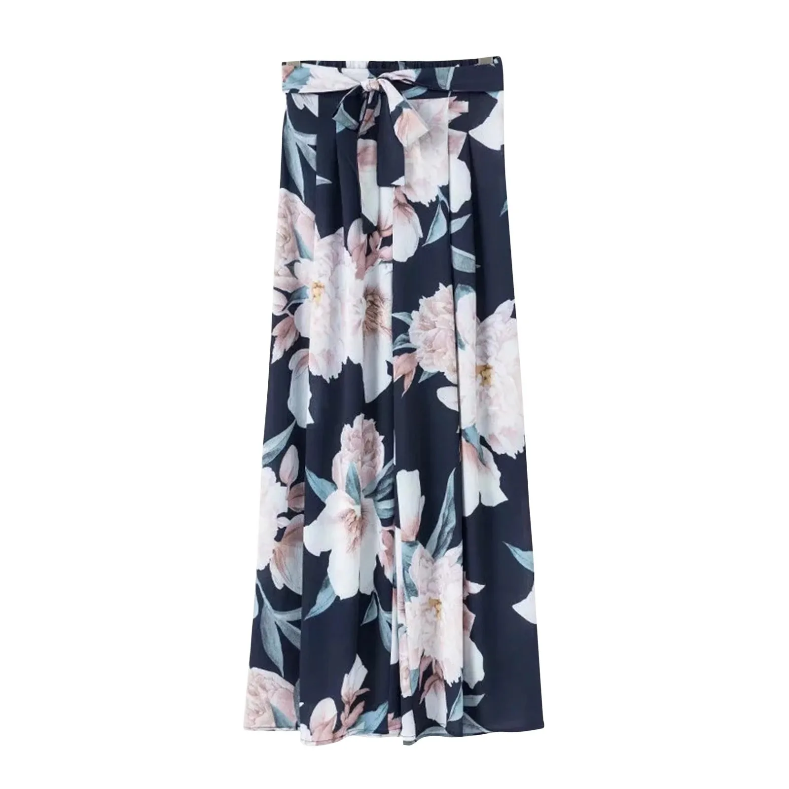 Pantalones de pierna ancha con estampado de flores para mujer, pantalón largo de cintura alta con cordones, estilo Palazzo, holgado e informal