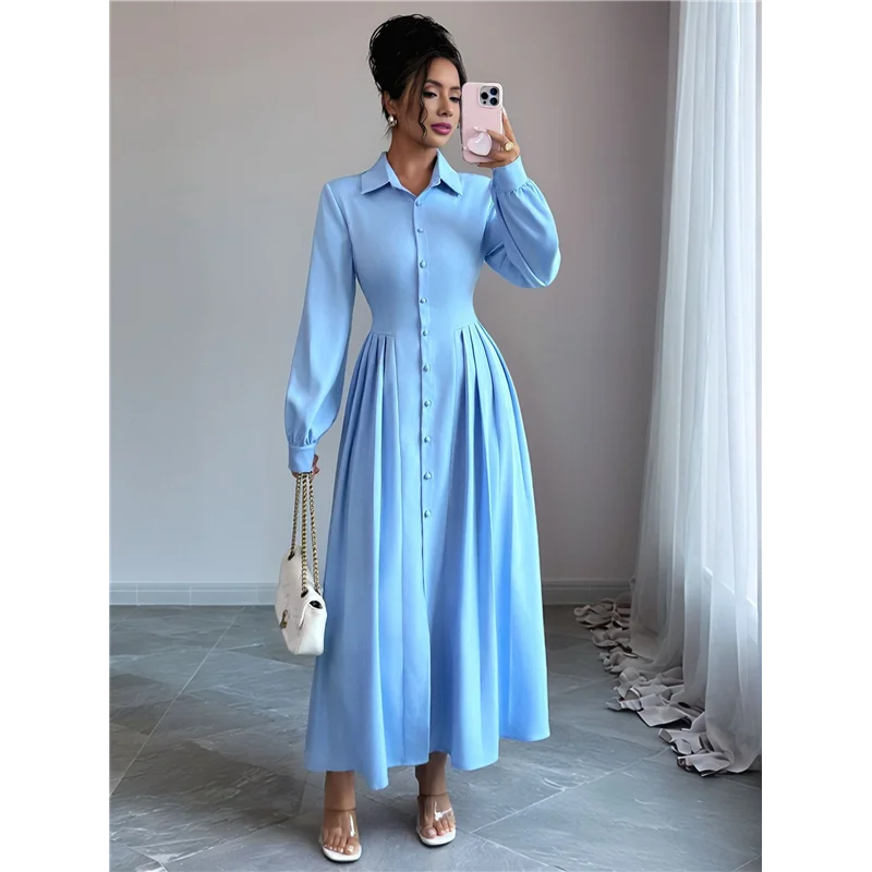 ABRT-فستان نسائي طويل الأكمام بأزرار سفلية فستان ماكسي سوينغ فستان عمل كوكتيل #4