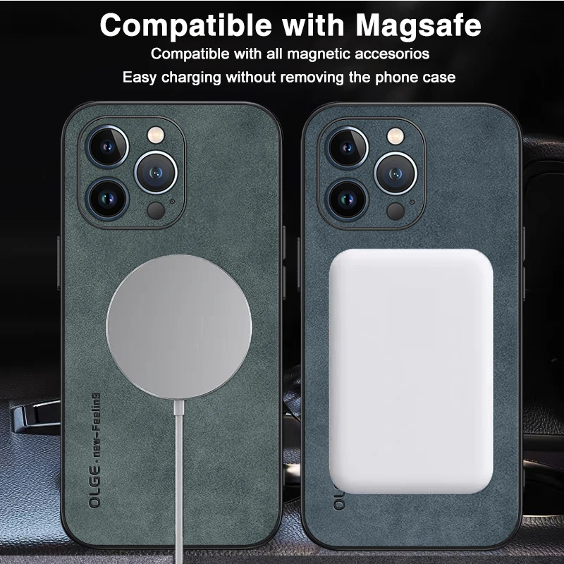 Custodia di ricarica Wireless magnetica Magsafe in pelle scamosciata di nuovo stile per iPhone 15 Pro Max 14 Pro 13 12 11 Cover