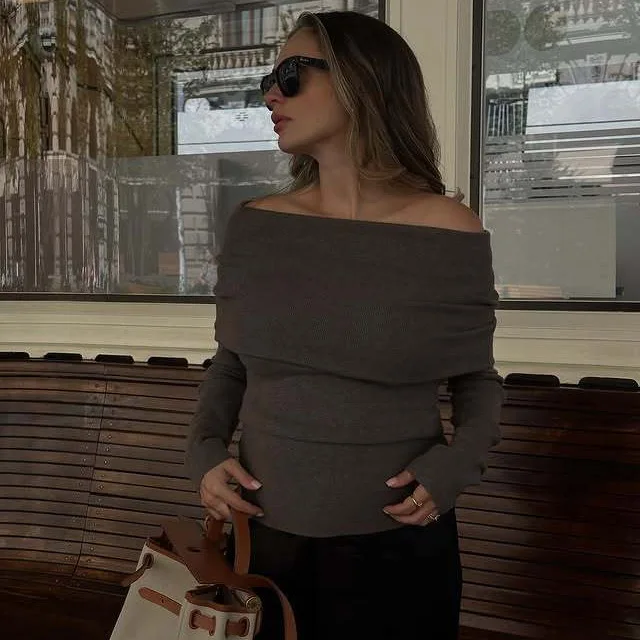 

Women's Knitted Strapless Ruched Top Autumn Pure Desire Off-Shoulder Long-Sleeve Sweater Waist-Cinching Solid Color Pullover