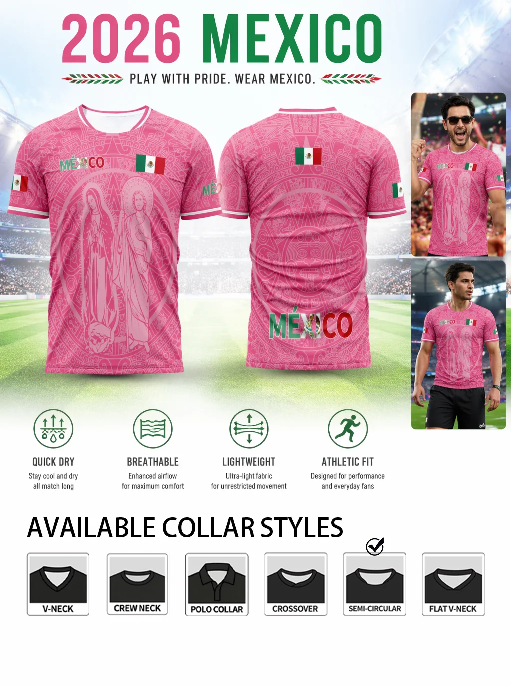 Pink‑toned Mexico soccer jersey with vintage Virgin print carries local cultural faith via national flag details