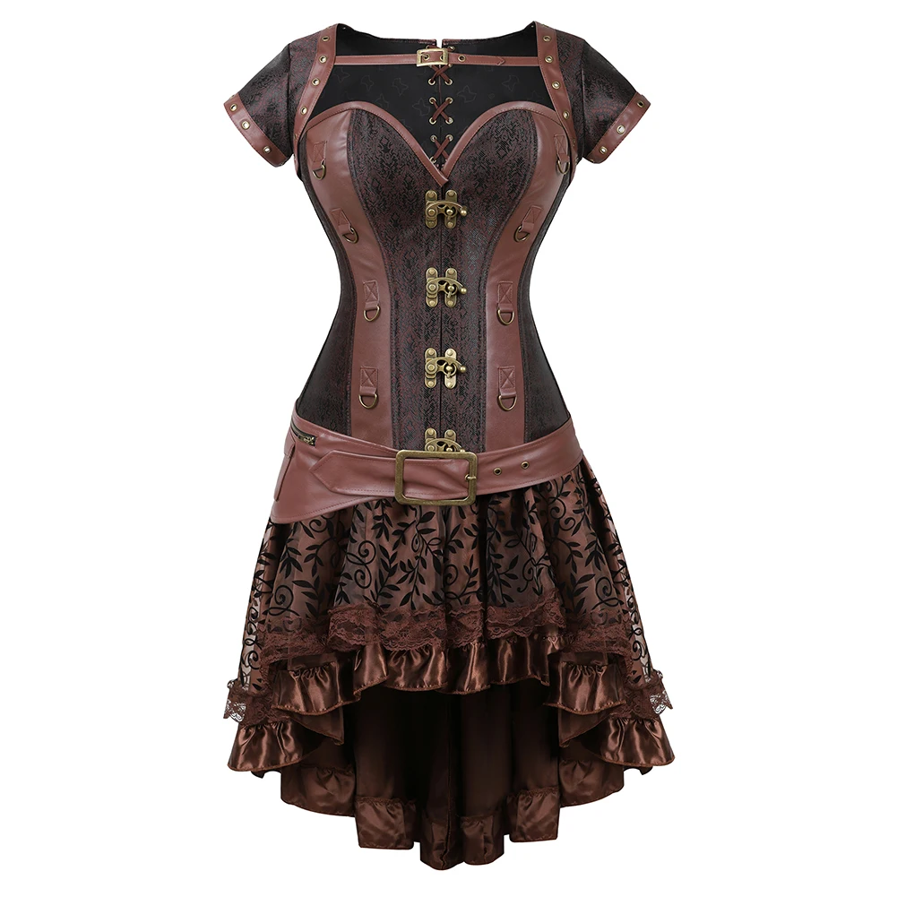 Brown Medieval Gothic Steampunk Faux Leather Overbust Corset With Skirt  Plus Size Pirate Costume Dress