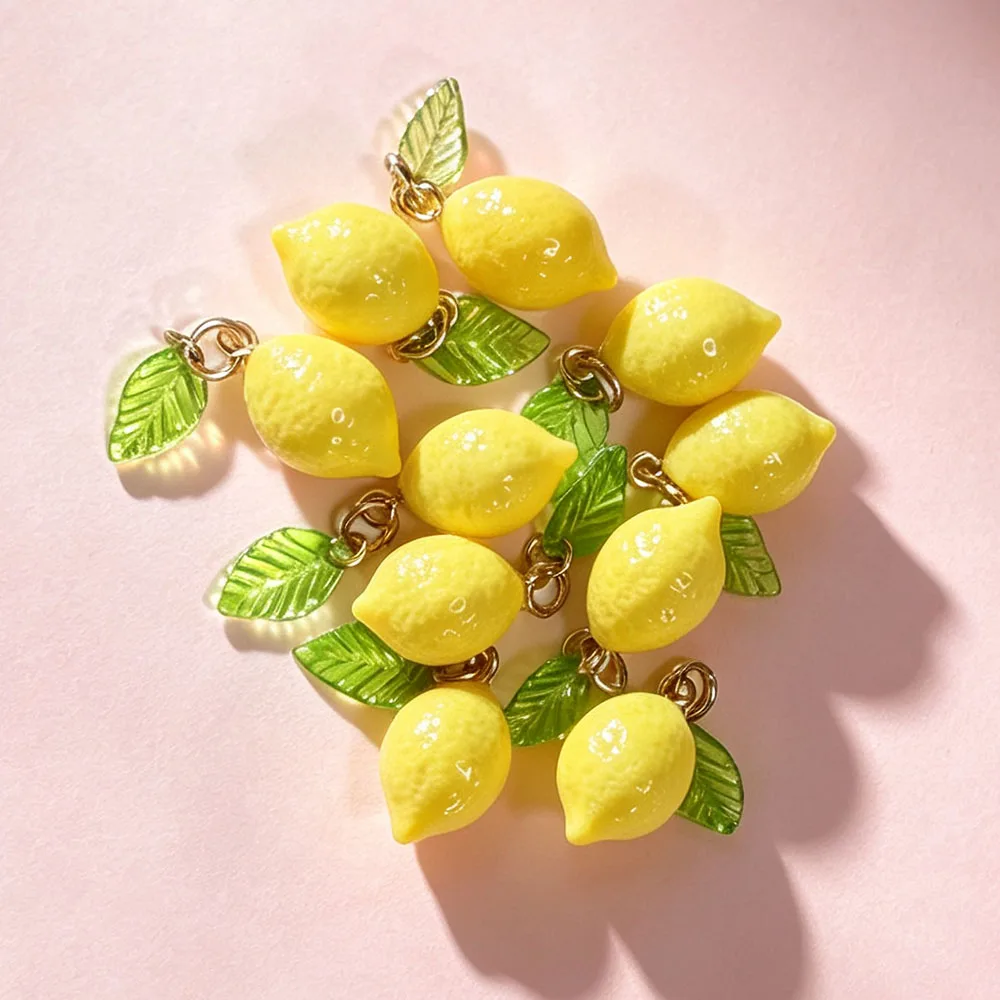 Colorful 3D Resin Citrus Charms Lemon-Lime with Leaf Metal Jump Ring Realistic Fruit Pendants for DIY Earrings Bracelets Jewelry