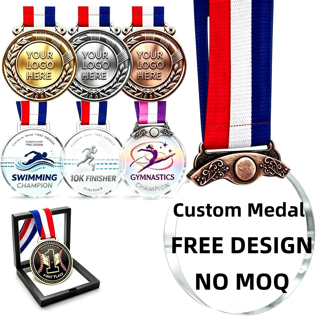 High Quality Custom Sports Medal Metal Alloy & Clear Acrylic Competition Award Custom Logo Finisher Medallion With Ribbon