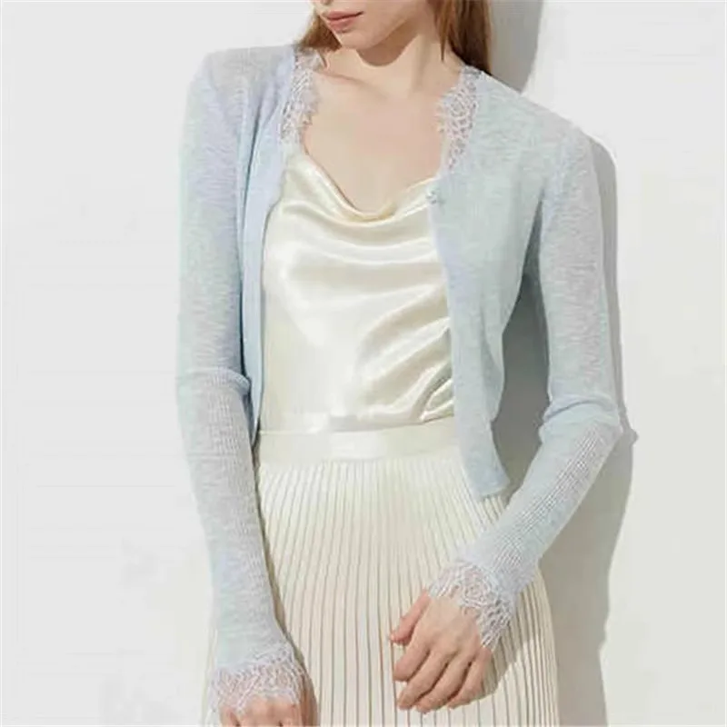 夏用薄手カジュアル無地レディース日焼け止めカーディガン韓国風長袖カーディガンレース付きワンボタンクロップトップ女性用ニットセーター