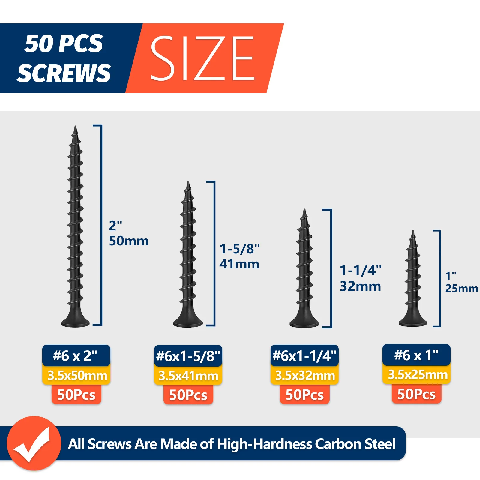 50pcs #6 High Hardness Drywall Screws Coarse Thread Phillips Drive Bugle Head Black Wood Screws for DIY Home Repair Industrial