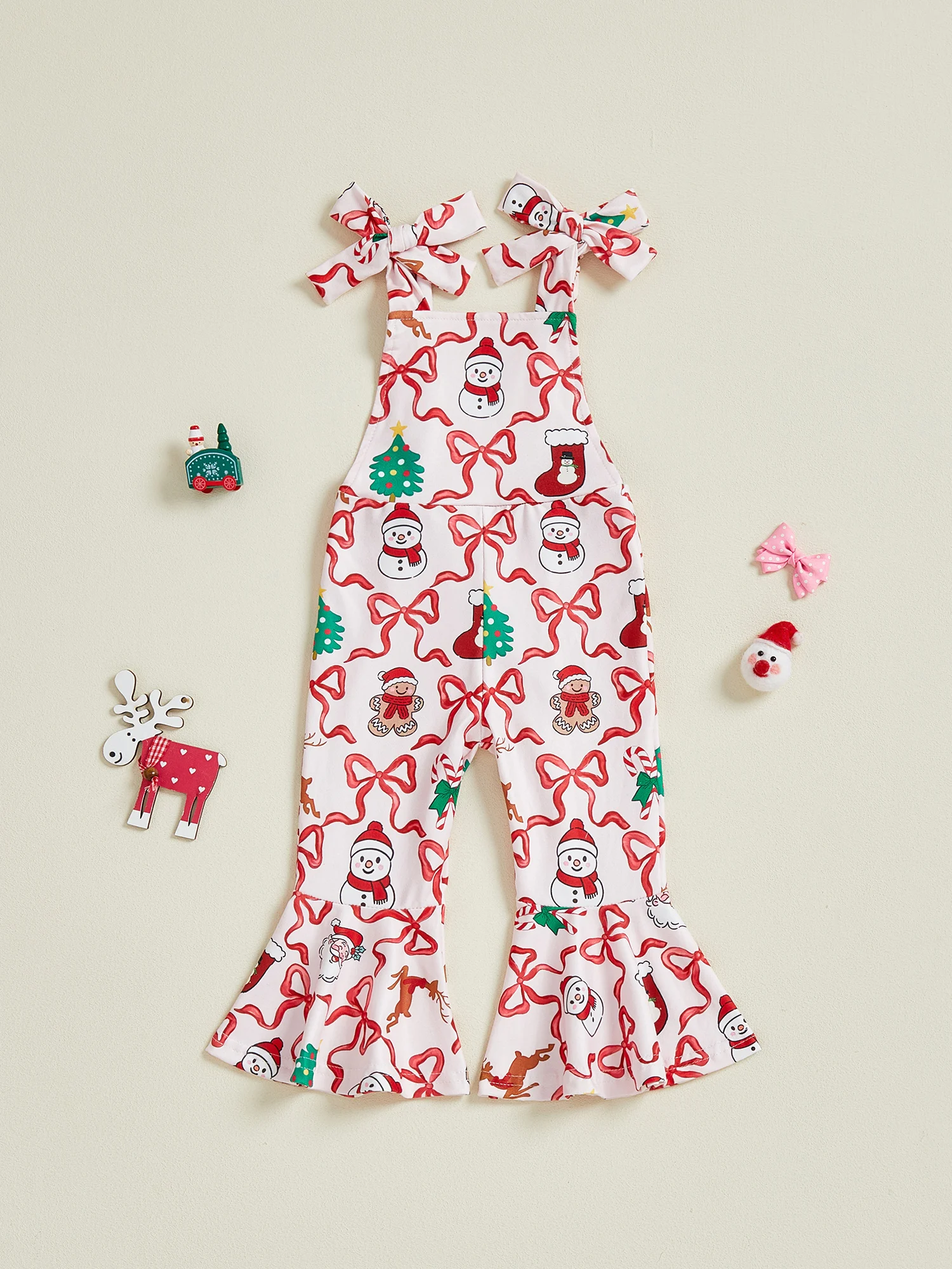 Pantalones acampanados navideños para niñas pequeñas, mono con estampado de lazo de muñeco de nieve, sin mangas, con parte inferior acampanada
