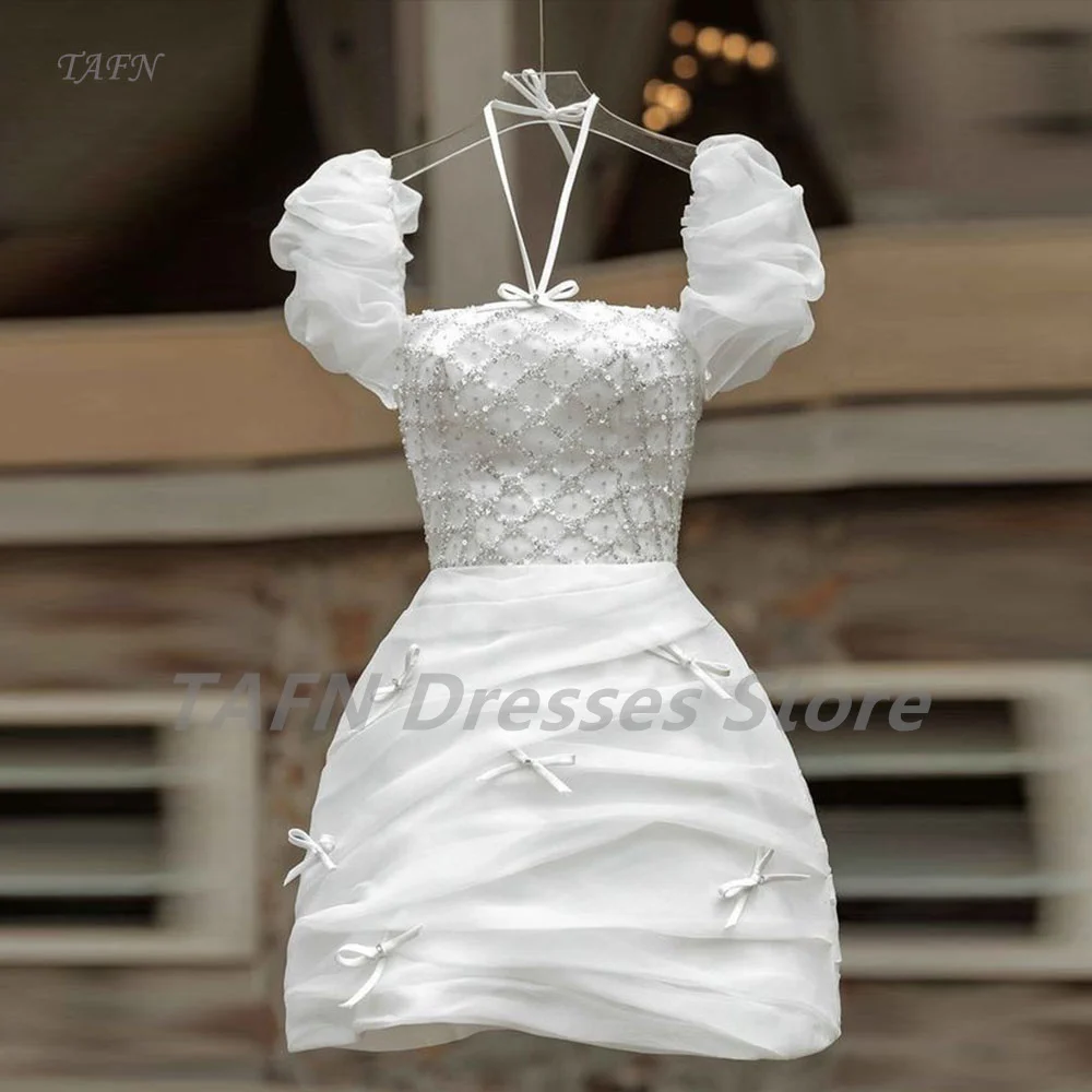 

TAFN Luxury Wedding Party Dresses Puff Short Sleeves Squined Beading Bow Bridal Gown A-line Mini robe de mariee Custom Made