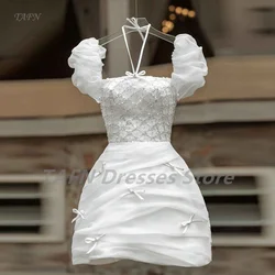 TAFN Luxury Wedding Party Dresses Puff Short Sleeves Squined Beading Bow Bridal Gown A-line Mini robe de mariee Custom Made