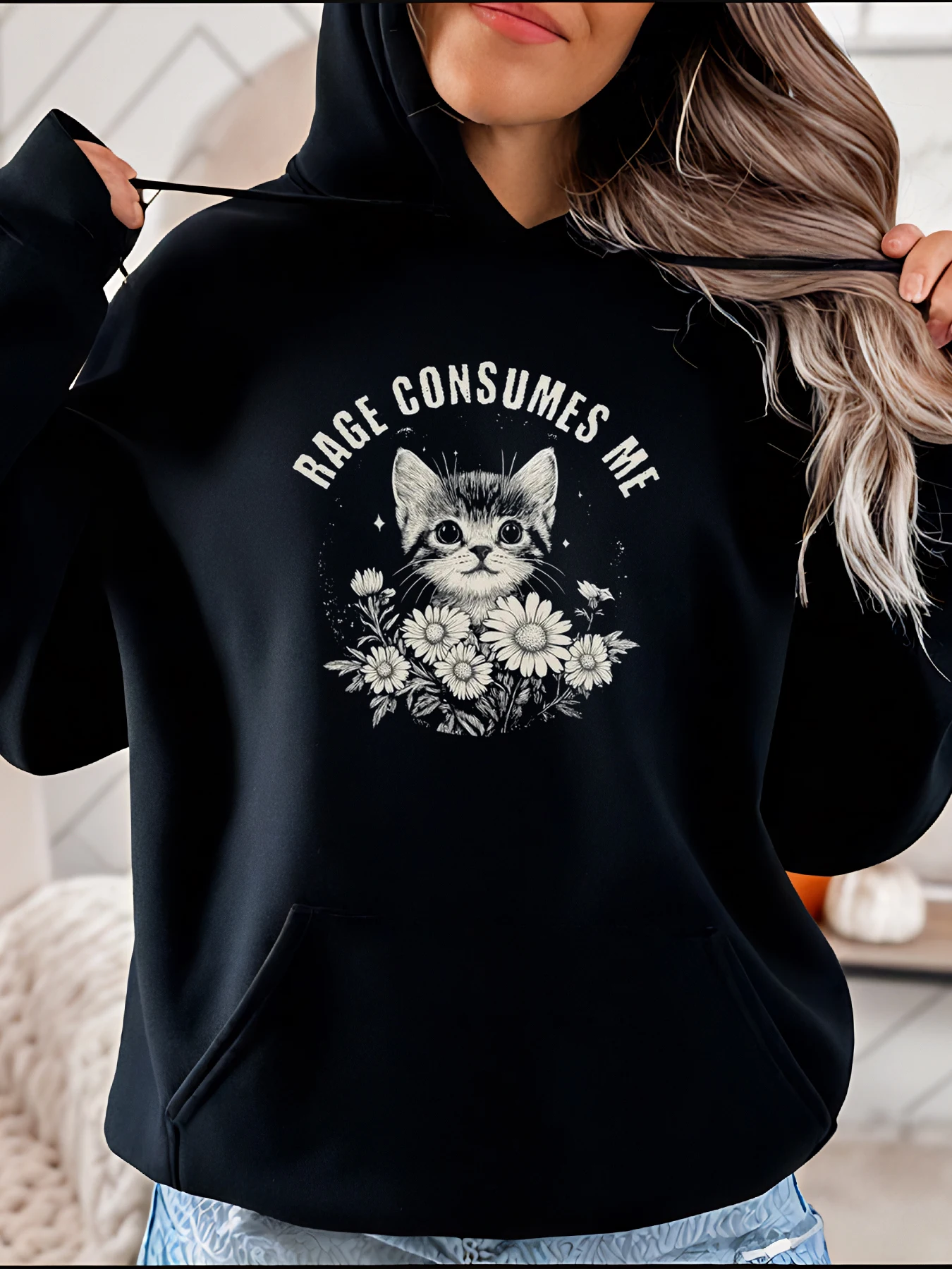 Cat Hoodie Rage Consumes Me Print Damen Casual Streetwear Sweatshirt Mode Herbst Winter Outfit für Mädchen