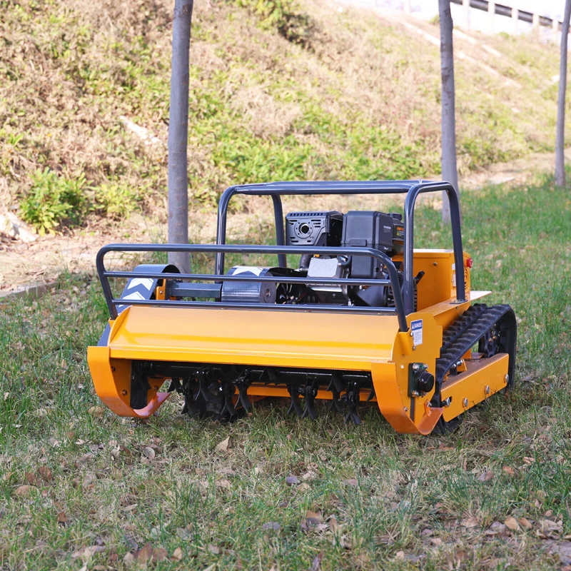 Customized remote-controlled lawnmower, with optional snow plow attachment and customizable color.