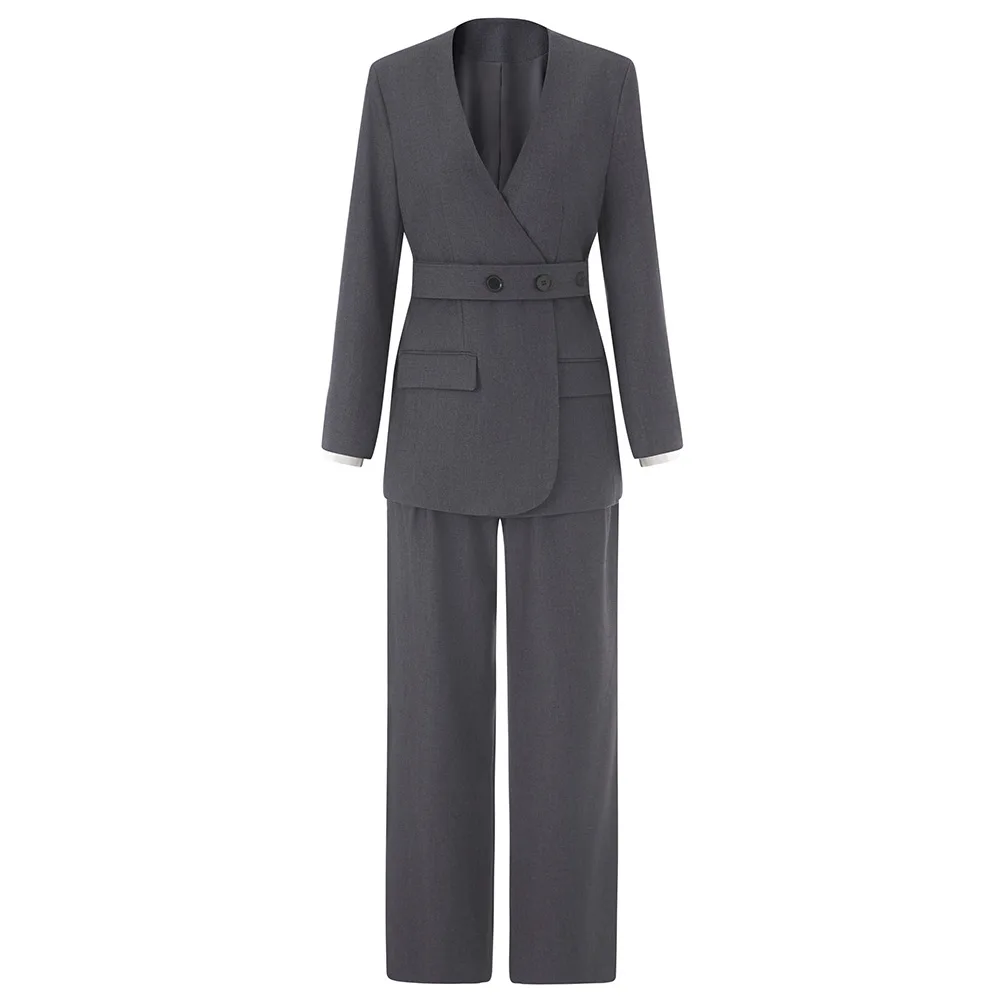 New Gray Fashionable Color-Blocked Suit Two-Piece Set with Elegant Waist-cinching Slimming Belt pant sets ropa mujer traf 2025