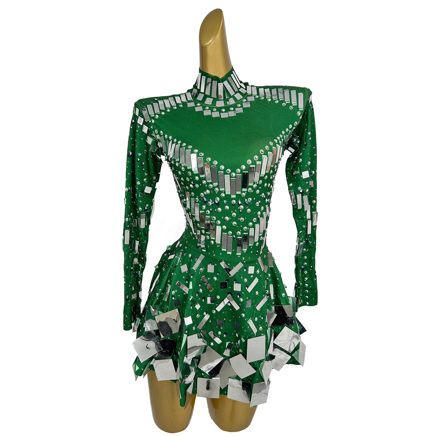 Silver Sequins Mini Dress Sexy Nightclub Leotard Shining Costume Celebrate Rhinestone Bodysuit Birthday Green Dresses Xieshi