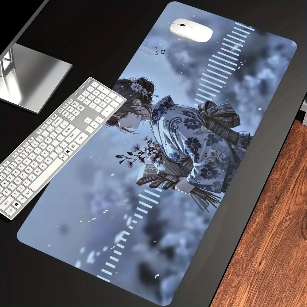 

HYBXAXC Japanese Kimono Girl Gaming Mouse Pad Blue Sakura Aesthetic Large Desk Mat Non-Slip Rubber Keyboard Pad Mats Gamer