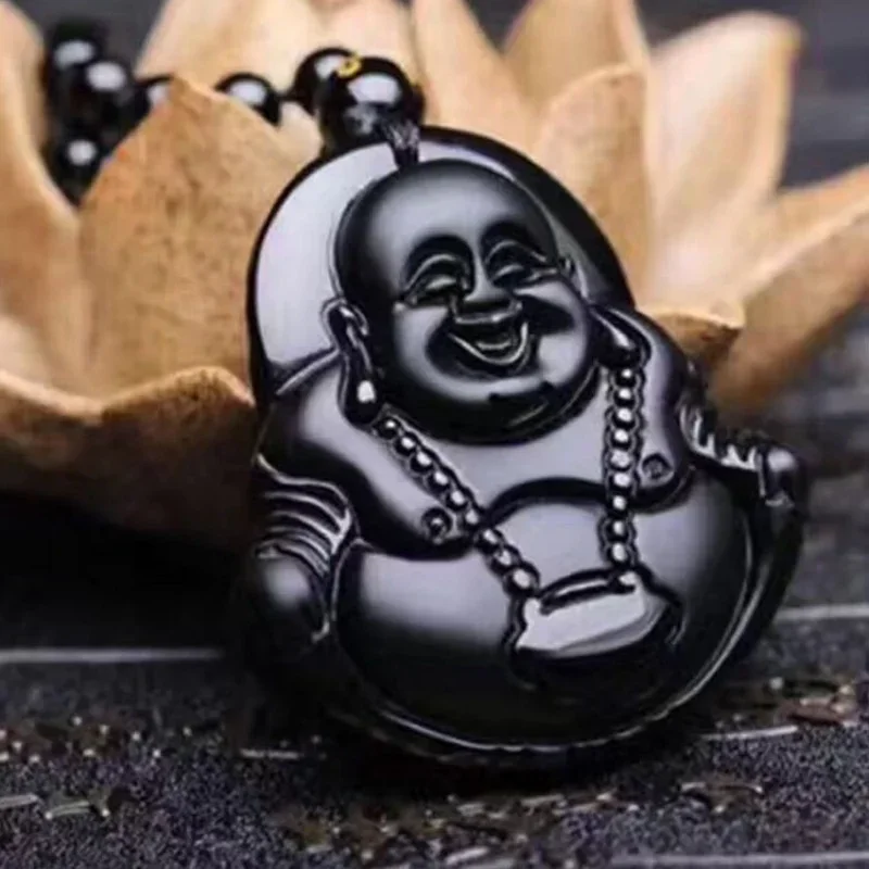 Obsidian Maitreya Buddha Pendant Beaded Chain Necklace Buddhist Buddha Statue Religion Lucky Faith Jewelry Women