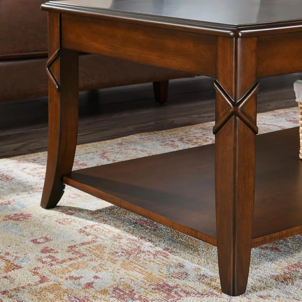 Solid Wood Coffee Table with Shelf, Vintage Rectangle Cocktail Table with Dual Hourglass Tabletop with Curved Legs