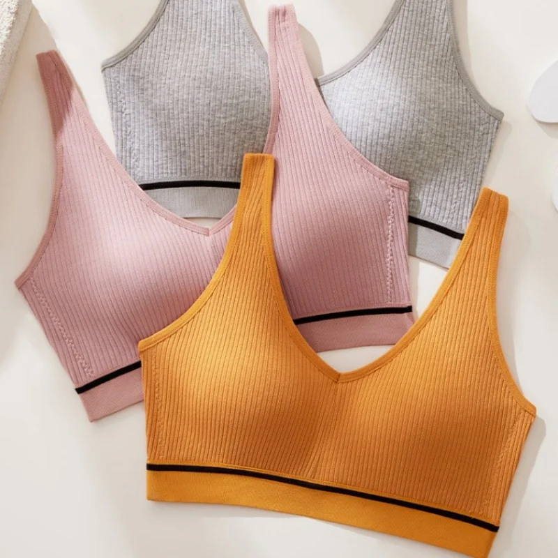 Cotton Sports Wireless Bra Women Paaded Bras U Back Beauty Back Seamless Underwear V Neck Breathable Top Push Up Lingerie