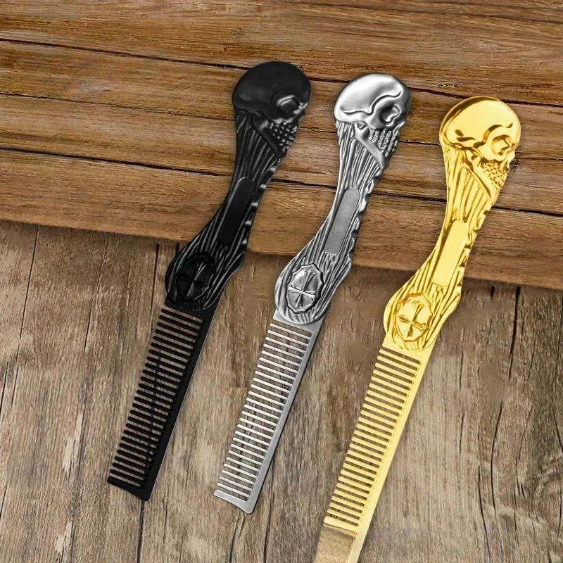 1Pcs Professional Salon Beard Comb Zinc Alloy Mustache Comb Men Folding Beard Trimming Tool Skull Style Hair Comb Portable Comb