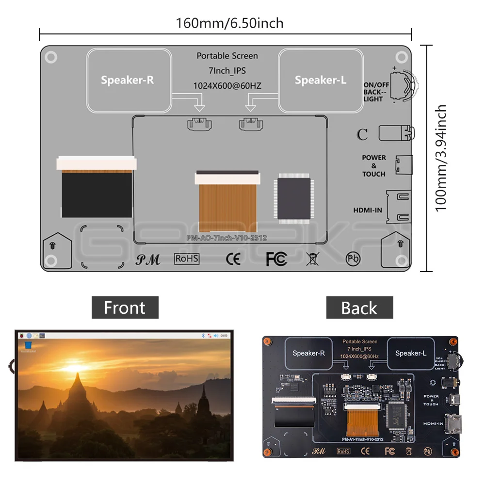 GeeekPi 7 inch 1024x600 60Hz IPS Capacitive Touch Screen with speakers compatible with Raspberry Pi and Windows PC