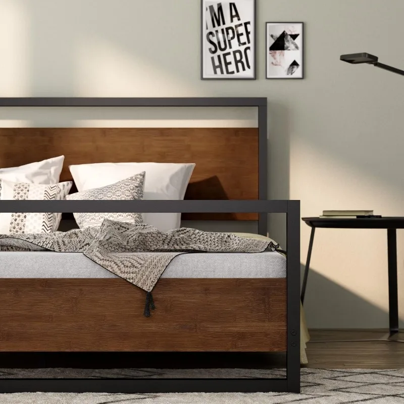 Suzanne Bamboo and Metal Platform Bed Frame with Footboard / Wood Slat Support / No Box Spring Needed / Easy Assembly, Full