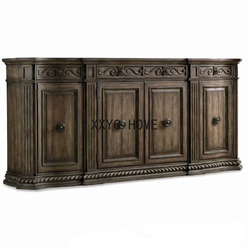 

Solid Wood Entrance Cabinet Villa Vintage Distressed Carved Sideboard Cabinet Four-Door Locker