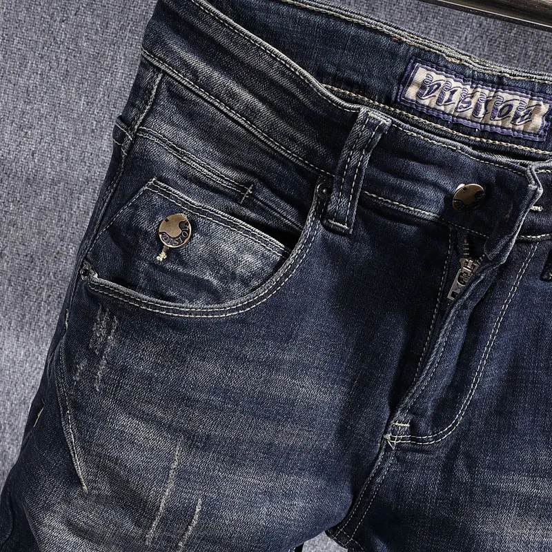 Fashion Vintage Men Jeans Retro Black Blue Stretch Slim Fit Ripped Jeans Men Trousers Spliced Designer Casual Denim Pants Hombre