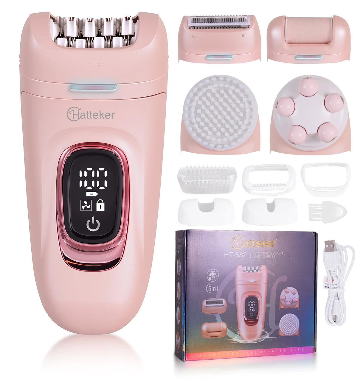 Hatteker 5-in-1 Electric Lady Hair Remover New Model Underarm Leg Shaver Set Private Area Razor Kit for Women