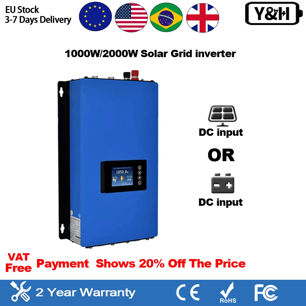 Y&H 1KW 2KW MPPT Solar Inverter With Power limiter for Solar Panel or Battery Discharge DC 25V-60V/DC 45-90V Pure Sine Wave