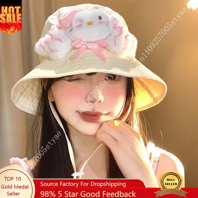 

Hello Kitty Plush Sun Hat Quick-drying Summer Style Sweet and Versatile Bucket Hat for Girls