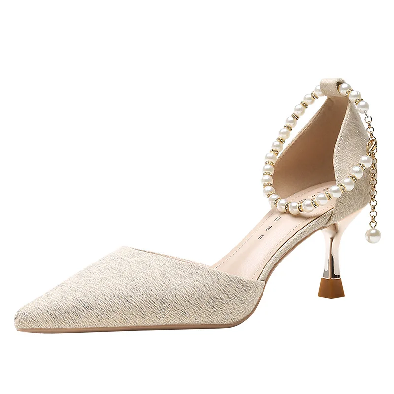 Catena di perle scarpe da sposa con perle a punta scarpe con tacco sottile scarpe da sposa con tacco alto sandali con cinturino alla caviglia per