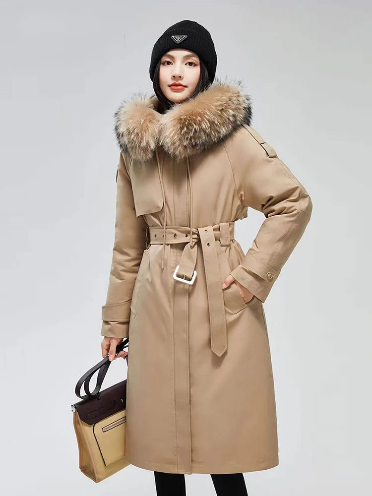 New Autumn Winter Down Parka Trench Coat 90White Duck Down Jacket Hooded Warm Big Fur Collar Double-Breasted Down Coat Long 2025